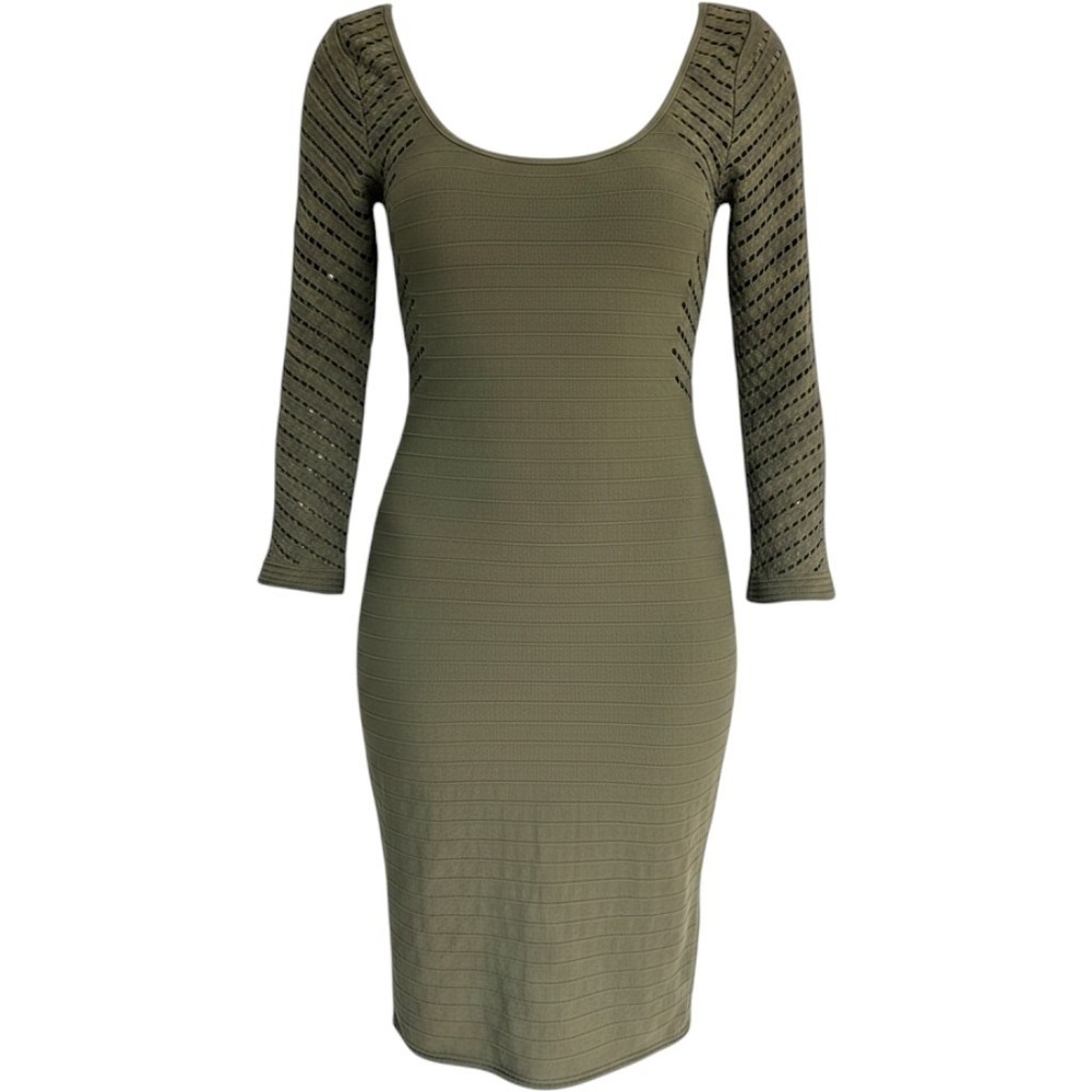 Bebe Olive Green Bandage Bodycon Mini Dress Pointelle Long Sleeve Small